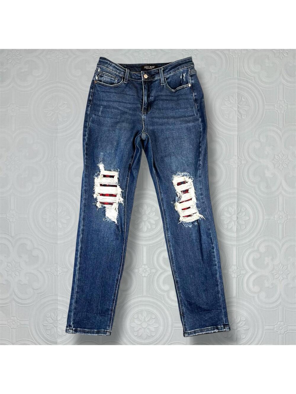 Judy Blue Boyfriend Jeans Size 9/29 Distressed Plaid Patch Dark Wash Stretch